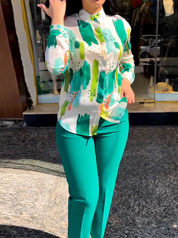 Long Sleeves Buttoned Printed Lapel Blouses Top + High Waisted Pants Bottom Two Pieces Set - Image 9