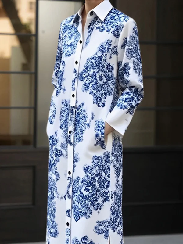 Long Sleeves Buttoned Printed Split-side Lapel Maxi Dresses Shirt Dress - Image 2
