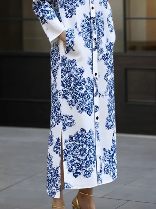 Long Sleeves Buttoned Printed Split-side Lapel Maxi Dresses Shirt Dress - Image 3