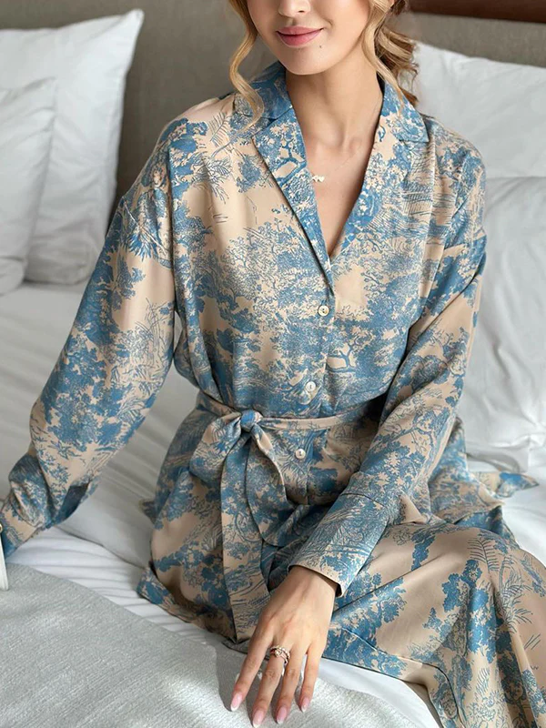 Long Sleeves Buttoned Printed Tied Waist Notched Collar Shirts Top + High Waisted Pants Bottom Two Pieces Set - Image 10