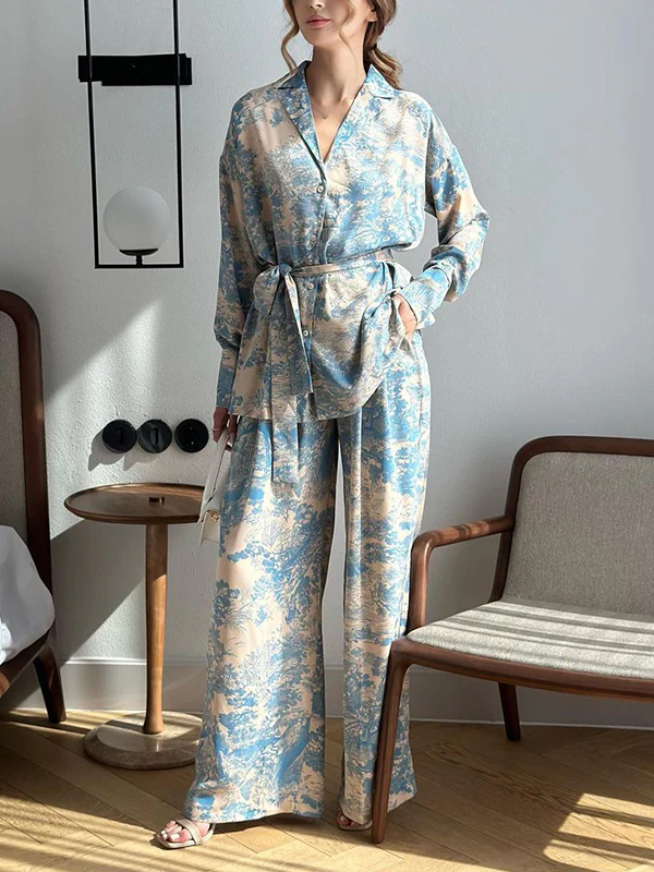 Long Sleeves Buttoned Printed Tied Waist Notched Collar Shirts Top + High Waisted Pants Bottom Two Pieces Set - Image 3