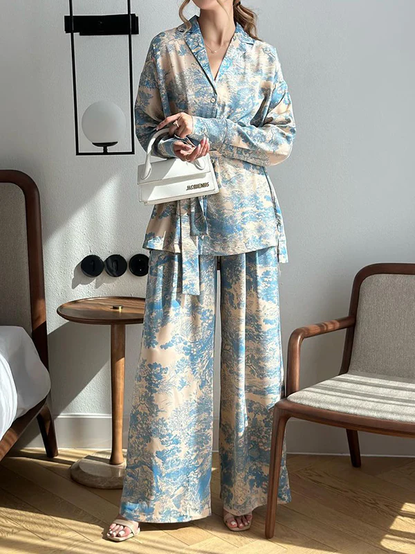 Long Sleeves Buttoned Printed Tied Waist Notched Collar Shirts Top + High Waisted Pants Bottom Two Pieces Set - Image 4