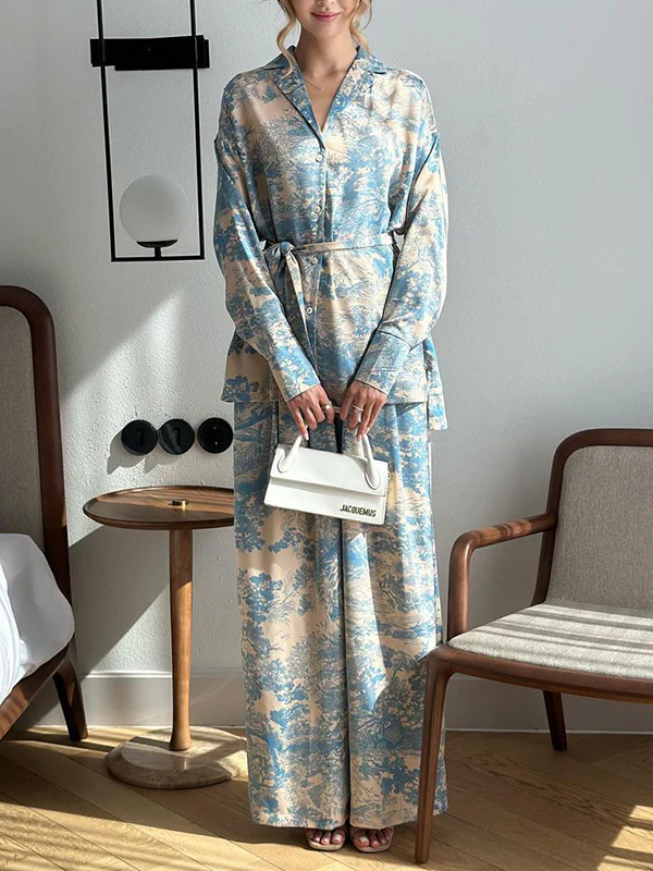 Long Sleeves Buttoned Printed Tied Waist Notched Collar Shirts Top + High Waisted Pants Bottom Two Pieces Set - Image 5