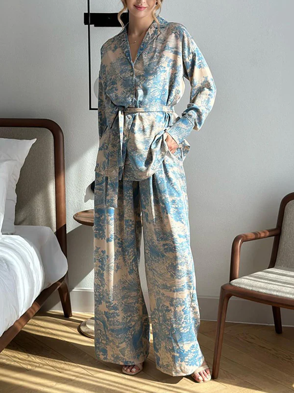 Long Sleeves Buttoned Printed Tied Waist Notched Collar Shirts Top + High Waisted Pants Bottom Two Pieces Set - Image 6