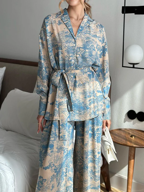Long Sleeves Buttoned Printed Tied Waist Notched Collar Shirts Top + High Waisted Pants Bottom Two Pieces Set - Image 7