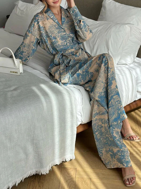 Long Sleeves Buttoned Printed Tied Waist Notched Collar Shirts Top + High Waisted Pants Bottom Two Pieces Set - Image 8