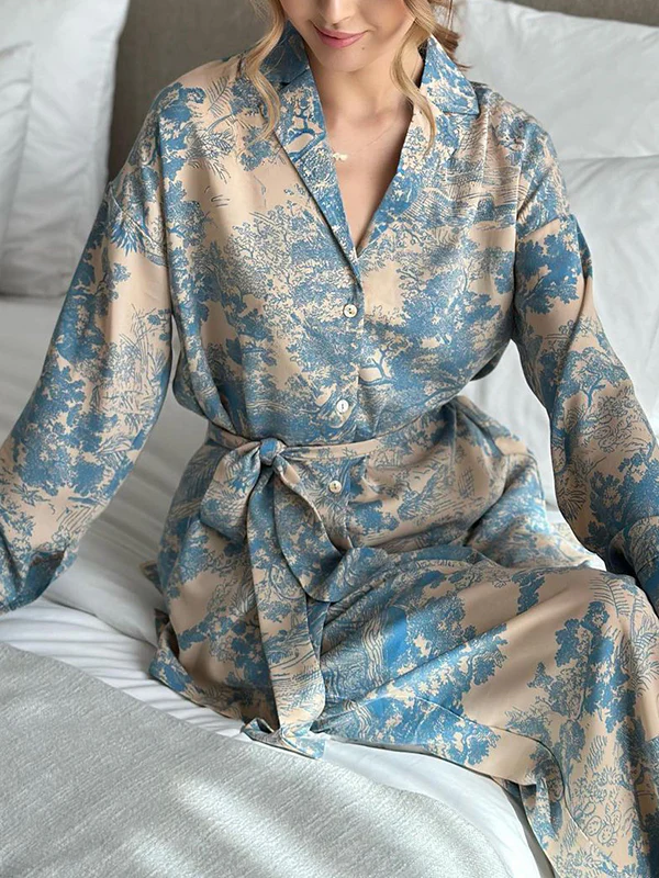 Long Sleeves Buttoned Printed Tied Waist Notched Collar Shirts Top + High Waisted Pants Bottom Two Pieces Set - Image 9