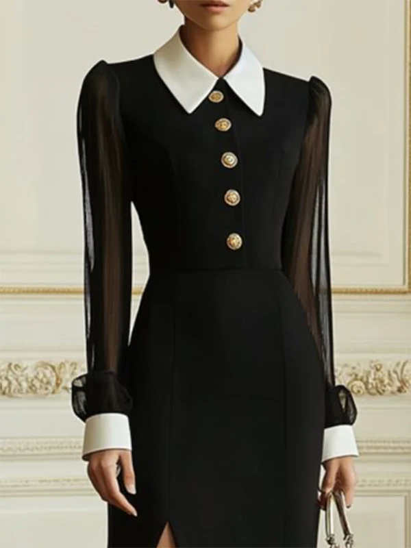Long Sleeves Buttoned See-Through Solid Color Split-Side Lapel Maxi Dresses Shirt Dress - Image 2