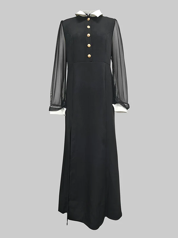 Long Sleeves Buttoned See-Through Solid Color Split-Side Lapel Maxi Dresses Shirt Dress - Image 4