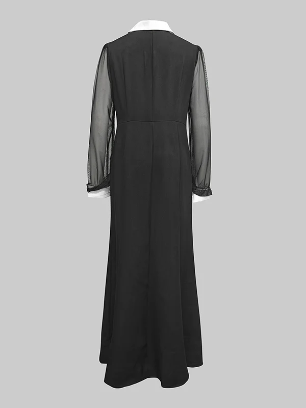 Long Sleeves Buttoned See-Through Solid Color Split-Side Lapel Maxi Dresses Shirt Dress - Image 5