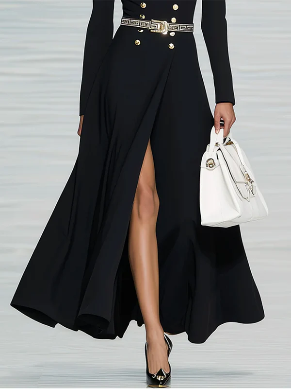 Long Sleeves Buttoned Solid Color Notched Collar Maxi Dresses Shirt Dress - Image 3