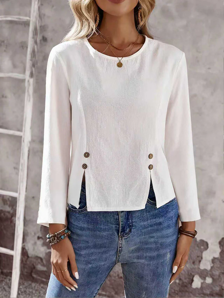 Long Sleeves Buttoned Solid Color Split-Front Round-Neck T-Shirts Tops - Image 3