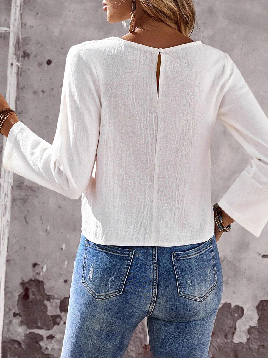 Long Sleeves Buttoned Solid Color Split-Front Round-Neck T-Shirts Tops - Image 5