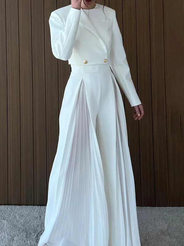 Long Sleeves Buttoned Solid Color Split-Joint Round-Neck Blazers Top + Zipper Wide Leg Mesh Pleated Pants Bottom Two Pieces Set - Image 10