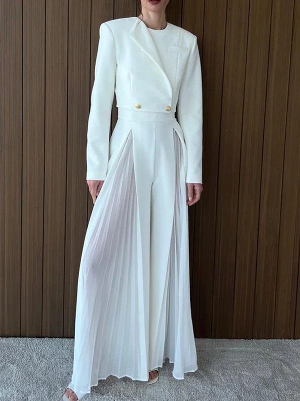 Long Sleeves Buttoned Solid Color Split-Joint Round-Neck Blazers Top + Zipper Wide Leg Mesh Pleated Pants Bottom Two Pieces Set - Image 11