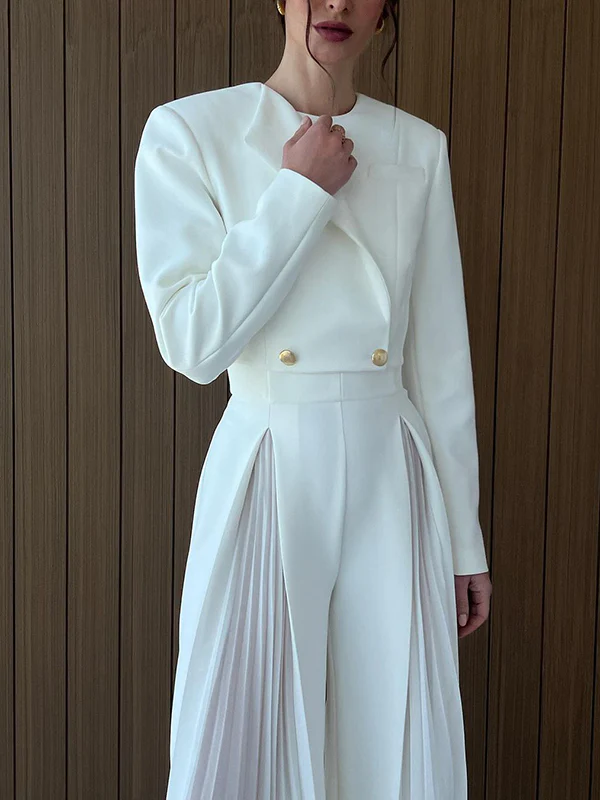 Long Sleeves Buttoned Solid Color Split-Joint Round-Neck Blazers Top + Zipper Wide Leg Mesh Pleated Pants Bottom Two Pieces Set - Image 12