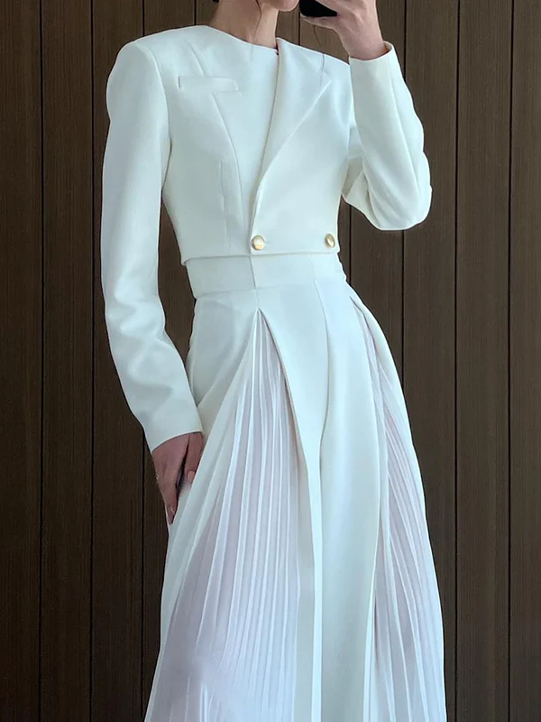 Long Sleeves Buttoned Solid Color Split-Joint Round-Neck Blazers Top + Zipper Wide Leg Mesh Pleated Pants Bottom Two Pieces Set - Image 13