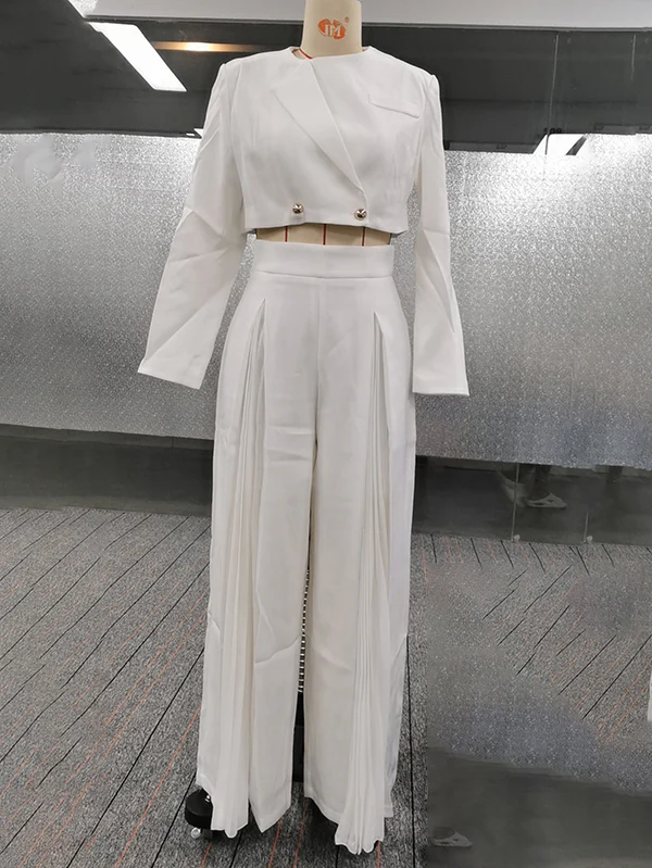 Long Sleeves Buttoned Solid Color Split-Joint Round-Neck Blazers Top + Zipper Wide Leg Mesh Pleated Pants Bottom Two Pieces Set - Image 2