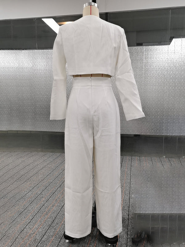 Long Sleeves Buttoned Solid Color Split-Joint Round-Neck Blazers Top + Zipper Wide Leg Mesh Pleated Pants Bottom Two Pieces Set - Image 3