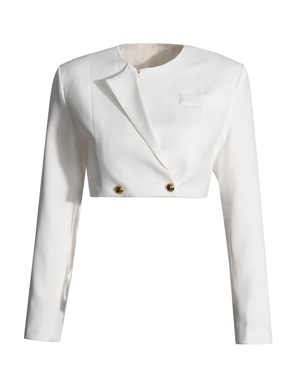 Long Sleeves Buttoned Solid Color Split-Joint Round-Neck Blazers Top + Zipper Wide Leg Mesh Pleated Pants Bottom Two Pieces Set - Image 4