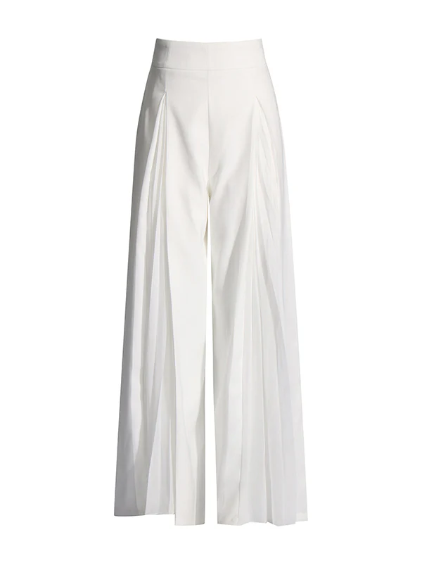 Long Sleeves Buttoned Solid Color Split-Joint Round-Neck Blazers Top + Zipper Wide Leg Mesh Pleated Pants Bottom Two Pieces Set - Image 5