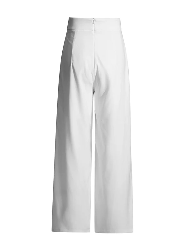 Long Sleeves Buttoned Solid Color Split-Joint Round-Neck Blazers Top + Zipper Wide Leg Mesh Pleated Pants Bottom Two Pieces Set - Image 8