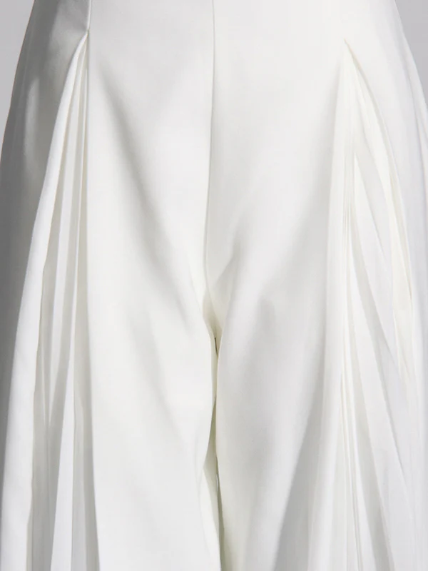 Long Sleeves Buttoned Solid Color Split-Joint Round-Neck Blazers Top + Zipper Wide Leg Mesh Pleated Pants Bottom Two Pieces Set - Image 9
