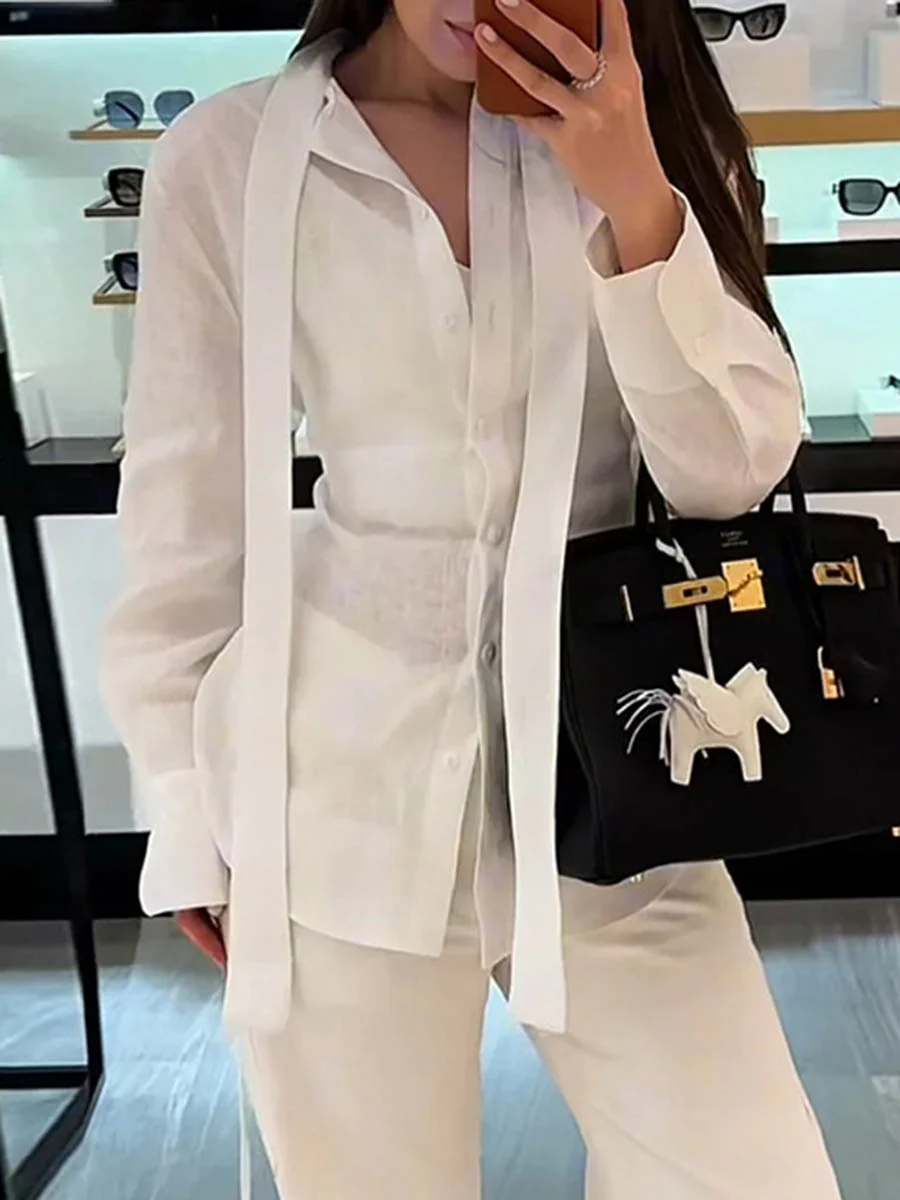 Long Sleeves Buttoned Solid Color Streamer Lapel Blouses&Shirts Tops - Image 2