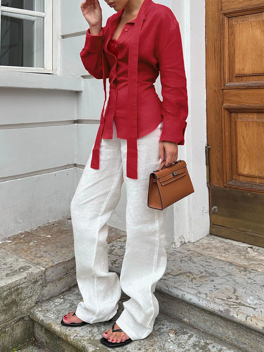 Long Sleeves Buttoned Solid Color Streamer Lapel Blouses&Shirts Tops - Image 4