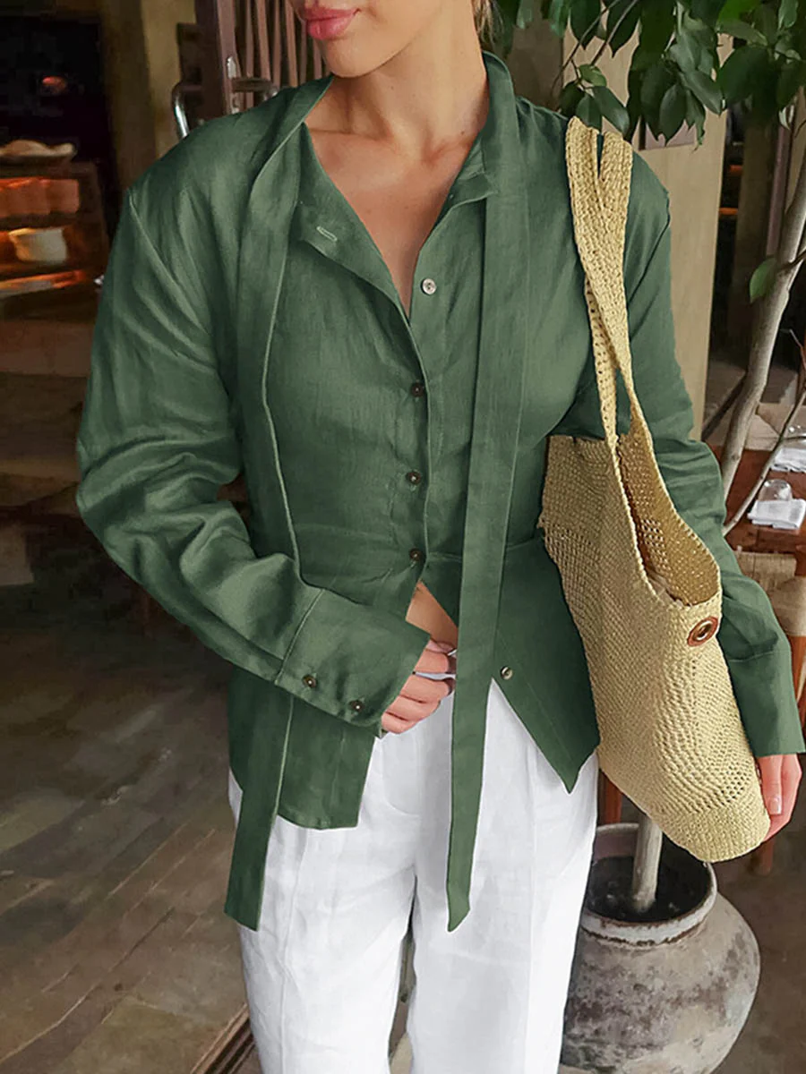 Long Sleeves Buttoned Solid Color Streamer Lapel Blouses&Shirts Tops - Image 5