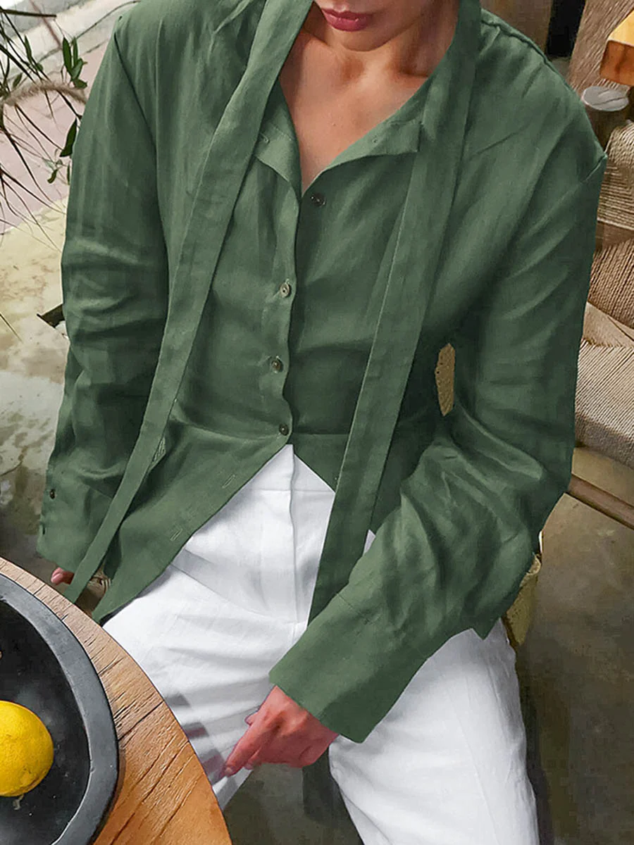 Long Sleeves Buttoned Solid Color Streamer Lapel Blouses&Shirts Tops - Image 6