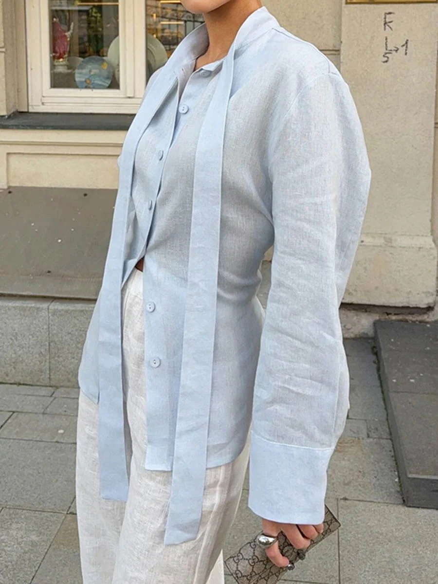 Long Sleeves Buttoned Solid Color Streamer Lapel Blouses&Shirts Tops - Image 7