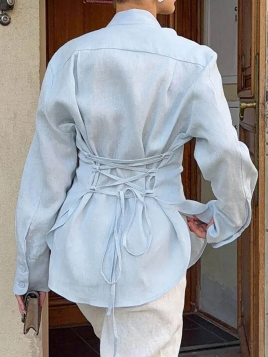 Long Sleeves Buttoned Solid Color Streamer Lapel Blouses&Shirts Tops - Image 8