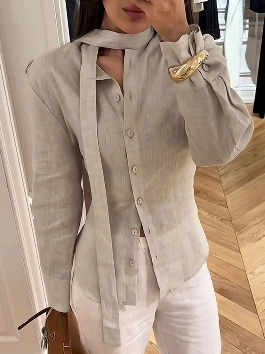 Long Sleeves Buttoned Solid Color Streamer Lapel Blouses&Shirts Tops - Image 9