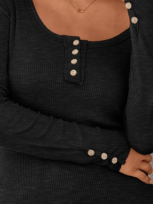 Long Sleeves Buttoned Solid Color Striped Square-Neck Knit Top - Image 10