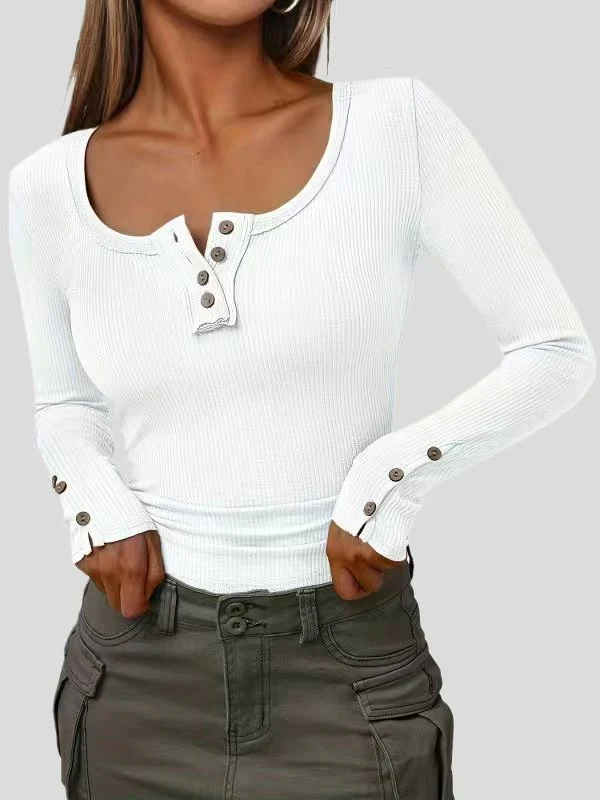 Long Sleeves Buttoned Solid Color Striped Square-Neck Knit Top - Image 2