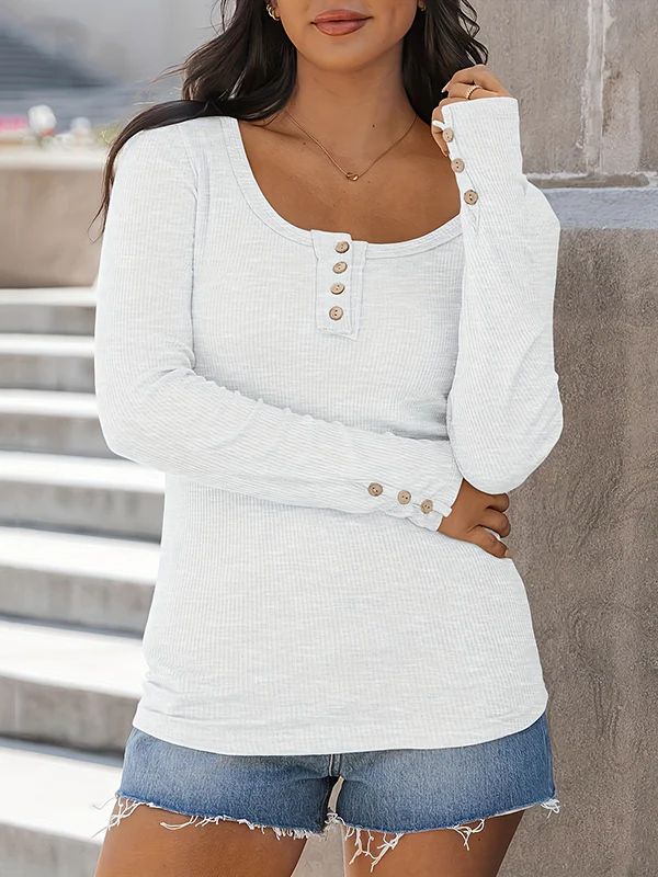 Long Sleeves Buttoned Solid Color Striped Square-Neck Knit Top - Image 3