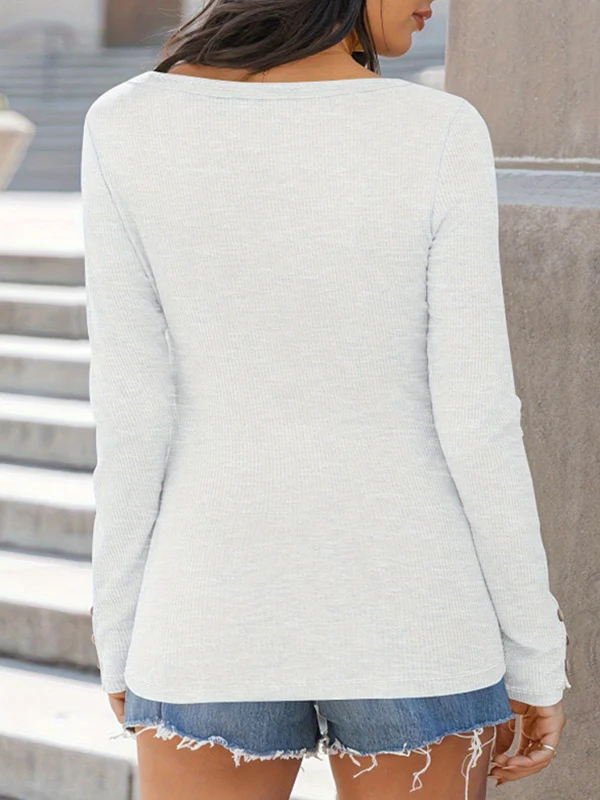Long Sleeves Buttoned Solid Color Striped Square-Neck Knit Top - Image 5