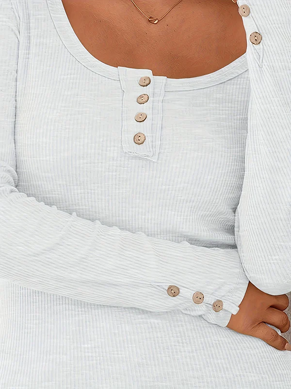 Long Sleeves Buttoned Solid Color Striped Square-Neck Knit Top - Image 6
