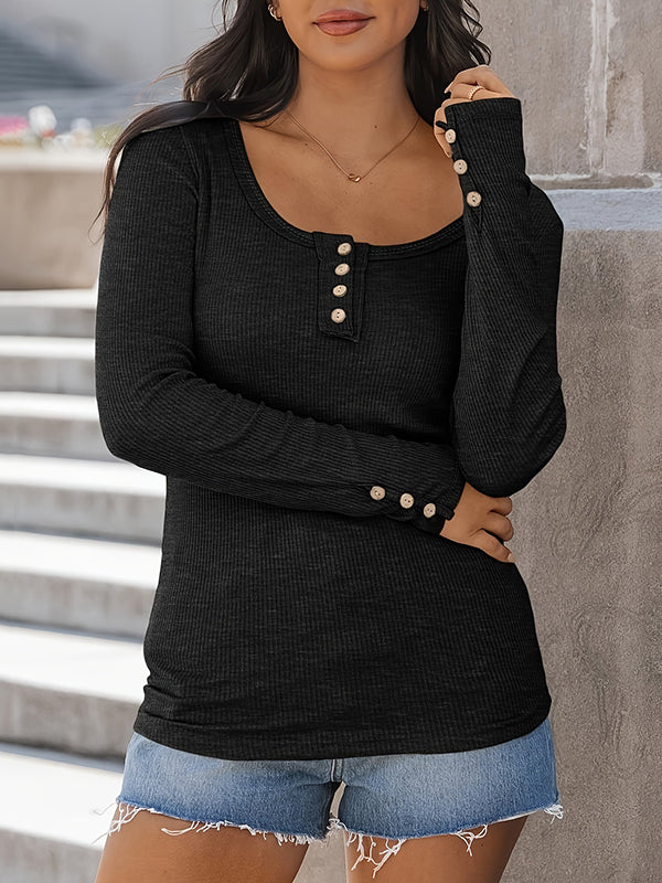 Long Sleeves Buttoned Solid Color Striped Square-Neck Knit Top - Image 7