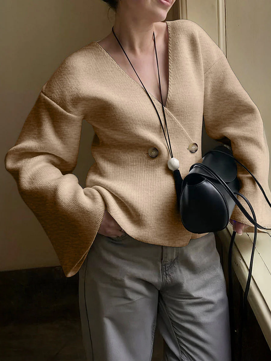 Long Sleeves Buttoned Solid Color V-Neck Cardigan Tops - Image 3
