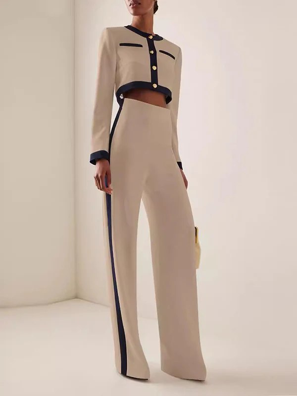 Long Sleeves Buttoned Split-Joint Round-Neck Blouses&Shirts Tops + High Waisted Pants Bottom Two Pieces Set - Image 2
