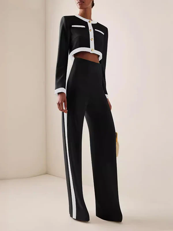 Long Sleeves Buttoned Split-Joint Round-Neck Blouses&Shirts Tops + High Waisted Pants Bottom Two Pieces Set - Image 3