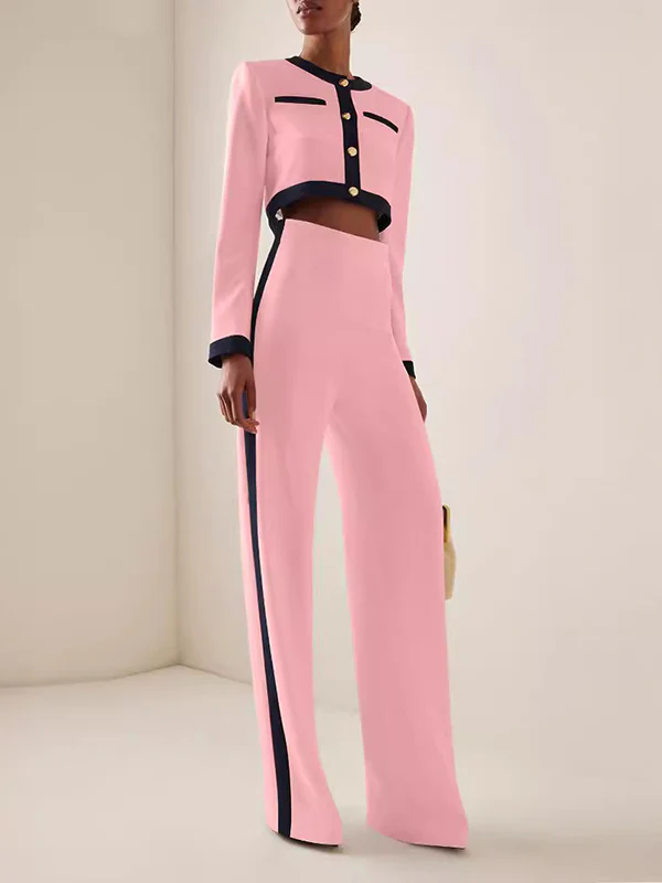 Long Sleeves Buttoned Split-Joint Round-Neck Blouses&Shirts Tops + High Waisted Pants Bottom Two Pieces Set - Image 4