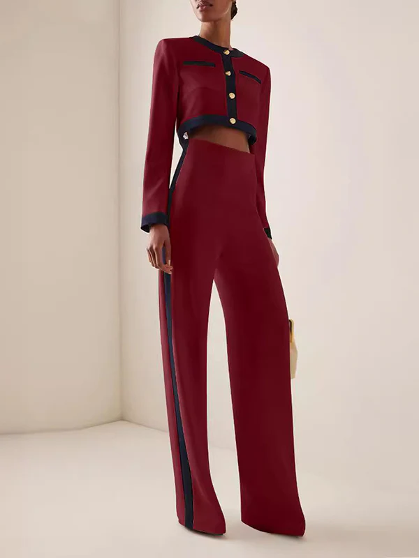 Long Sleeves Buttoned Split-Joint Round-Neck Blouses&Shirts Tops + High Waisted Pants Bottom Two Pieces Set - Image 5