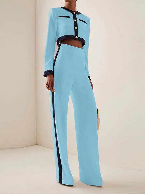 Long Sleeves Buttoned Split-Joint Round-Neck Blouses&Shirts Tops + High Waisted Pants Bottom Two Pieces Set - Image 6