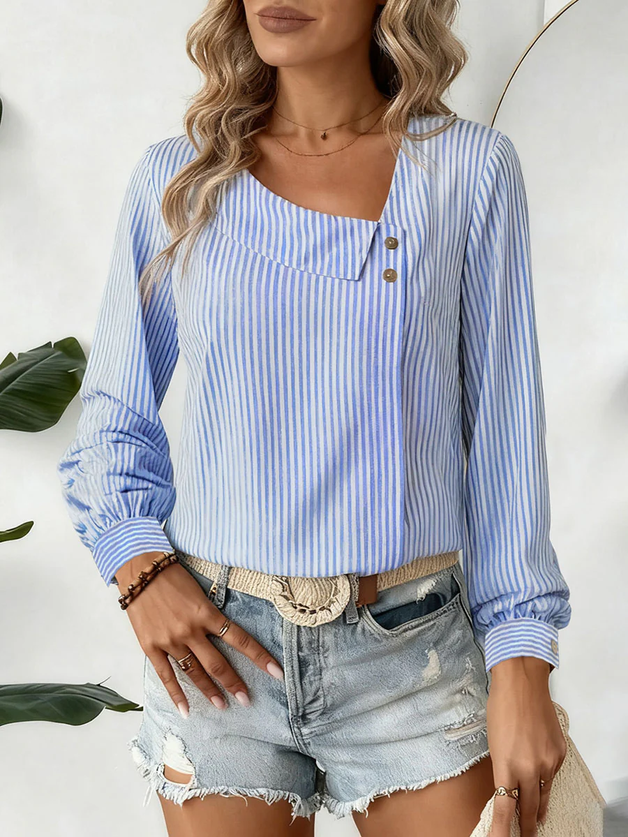 Long Sleeves Buttoned Split-Joint Striped Asymmetric Collar Blouses&Shirts Tops - Image 2