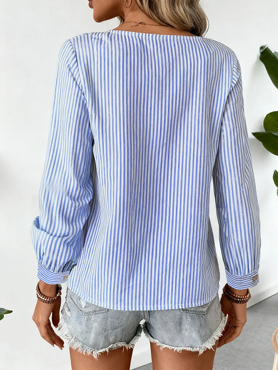 Long Sleeves Buttoned Split-Joint Striped Asymmetric Collar Blouses&Shirts Tops - Image 3