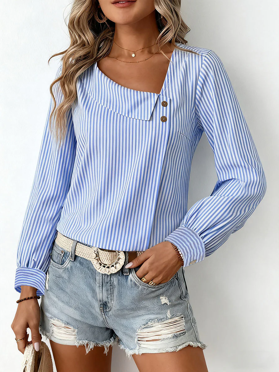 Long Sleeves Buttoned Split-Joint Striped Asymmetric Collar Blouses&Shirts Tops - Image 5
