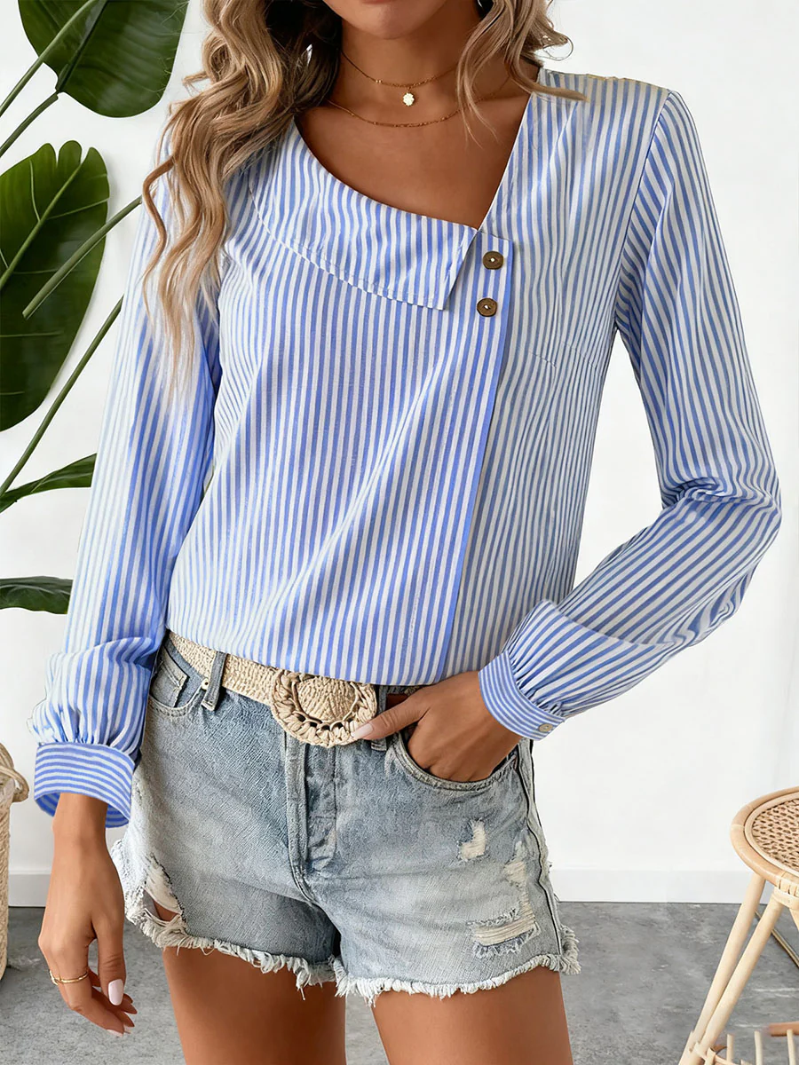 Long Sleeves Buttoned Split-Joint Striped Asymmetric Collar Blouses&Shirts Tops - Image 6